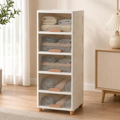 Image of HoopVool Foldable Storage Cabinet, Stackable Plastic Storage Box with Front Opening Door, Dustproof Organizer for Clothes, Toys, Books, Bathroom & Bedroom (5-Tier (33 X 38 X 132 CM))