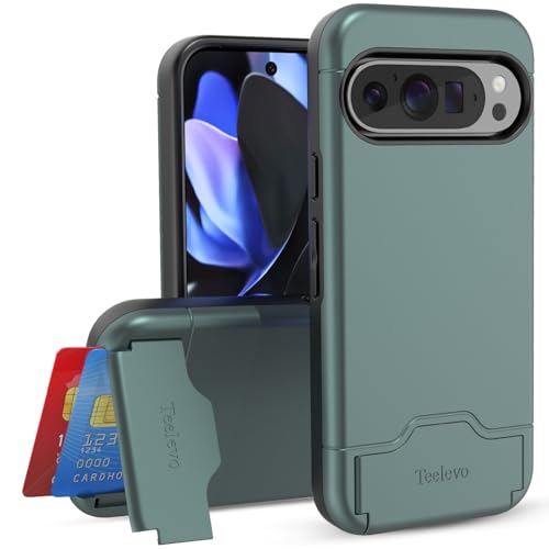 Teelevo Wallet Case for Google Pixel 9/9 Pro Protective Case with 2-Card Storage and Kickstand for Google Pixel 9 and Pixel 9 Pro - Dark Green