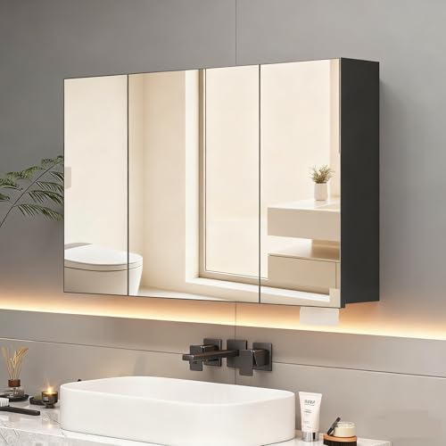Botiquín para baño de 23,6 x 39,4 pulgadas con espejo, armario de medicinas con marco negro de metal y almacenamiento, listo para instalar, montaje empotrado o superficial miniatura 1