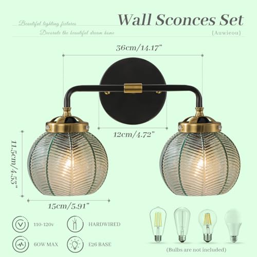 Image of Mid Century Vintage Bathroom Vanity Light 2-Head Green Glass Sconce | Wall Lamp, Wall Sconce, Black, Ribbed Glass Orbs, Light Fixture, Entryway, Doorway, Powder Room, Easy Install, 2-Light, E26