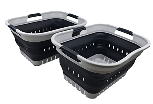 SAMMART 30L (8 gallons) Collapsible Plastic Laundry Basket/Hamper-Foldable Storage Container/Organizer-Space Saving Outdoor Pop Up Saving (Grey/Slate Grey (Set of 2))