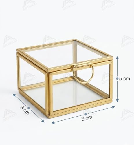 Image of Art India Collections Square Brass Glass Box with Lid and Glass Base, Display Box Gold 8x8x5 cm