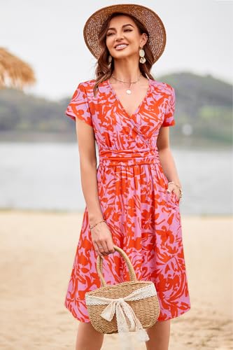 Image of Newshows Women's Pockets Wrap V Neck Floral Summer Vacation Casual Sundress | Wrinkle Free, Stretchy, Summer Beach Floral Sundress 2026, Casual Dress for Vacation, Guaduation, Side Pockets, A-line