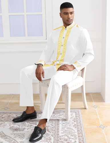 Mens African 2 Piece Set Nigerian Dashiki Metallic Traditional Suit Gold Stamp Printed Shirt and Pants Outfit3