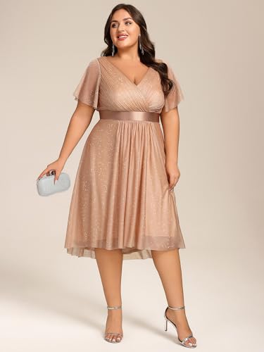 Ever-Pretty Plus Women's V Neck Pleated A Line Glitter High Low Plus Size Cocktail Wedding Guest Dresses with Sleeves4