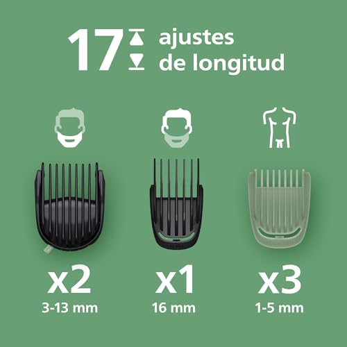 Miniatura 3 de Philips Recortadora todo en uno de 11 en 1 Serie 5000 - Afeitadora y cortapelos hombre para rostro, cabeza y cuerpo, cuchillas de acero autoafilables, 17 longitudes, recargable, MG5951/15