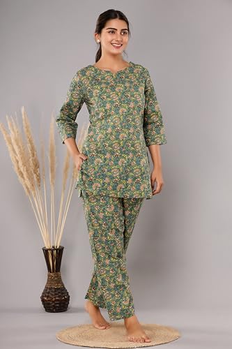 Image of Women Printed 1 top, 1 Pyjama Cotton KC316 Green 2 Night Suit Set