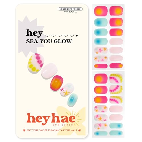Heyhae Semi Cured Gel Nail Strips | No LED Lamp Needed |Neon Ombre | Easy Apply & Remove Salon Quality | Includes 28 Strips 2 Prep Pads Nail File & Wooden Stick - Hey Sea You Glow
