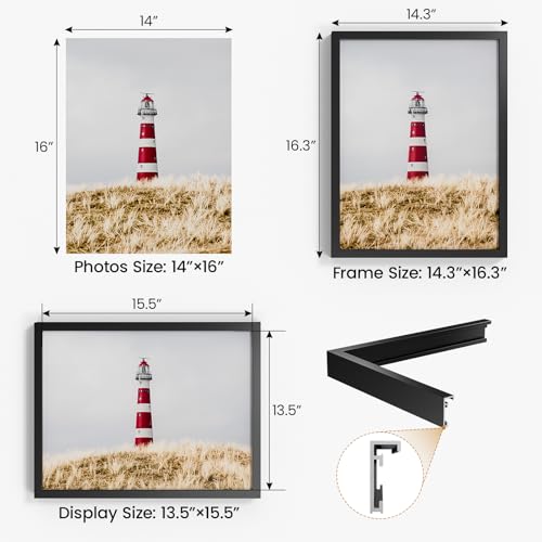 Image of 14x16 Aluminum Metal Picture Frame,Tempered Glass Black Photo Frame 14x16 for Family Photo,Posters,Art,Document to Wall Mount Horizontally or Vertically
