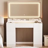 44' Vanity Desk with Large Mirror and Lights, Modern Glass Top Makeup Vanity Set with Power Outlet, 3 Drawers and 2 Cabinet, 3 Lighting Color Adjustable Dressing Table for Bedroom,Pure White