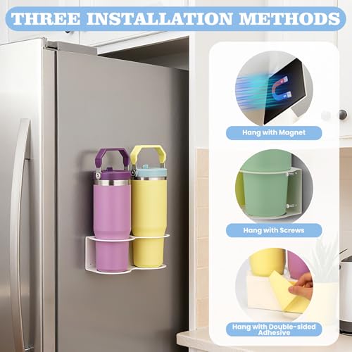 Image of 2 Pack Magnetic Stanley Cup Holder Water Bottle Organizer for Stanley 30&40 oz Tumbler with Double Sided Tape Hold Stanley Cup Accessories for Kitchen Fridge Cabinet(White)