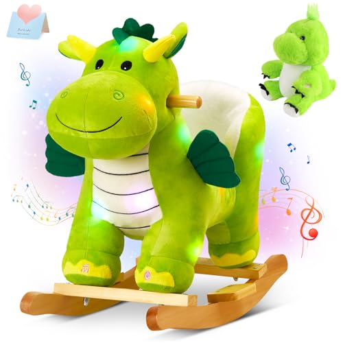 Image of Glow Guards Light Up Musical Dinosaur Baby Rocking Horse Set of 2 with Safety Belt Dinosaur Rocker Baby Rocking Chair for Toddlers 1-3