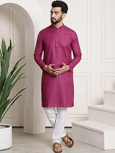 Image of SOJANYA (Since 1958 Men's Cotton Blend Checked Kurta and Churidar Pyjama Set
