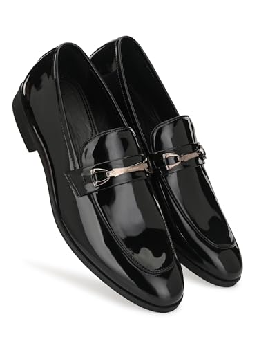 Image of San Frissco Men's Loafers Glossy Trending Shoes with Buckle | Textured Formal Shoe for Office, Slip-On Loafers | Stylish Lightweight and Comfortable Shoes