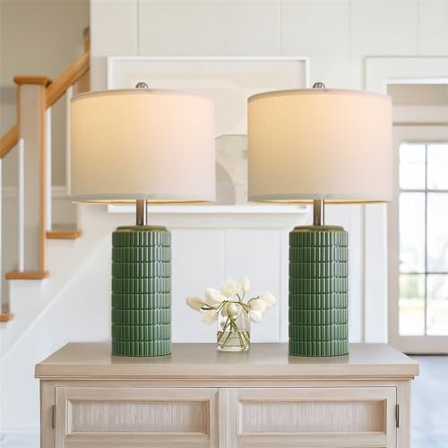 Image of PoKat 23 inch Dark Green Ceramic Table Lamps Set of 2, Modern Table Lamps for Living Room, Farmhouse Lamps for Bedroom Night Stands, Traditional Nightstand Desk Decor Lamps