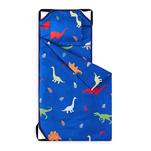 Wake In Cloud - Cot Nap Mat with Pillow and Blanket for Toddler Kids Boys Girls in Daycare Kindergarten Preschool Pre K with Elastic Corner Straps Dinosaur Dinos Blue
