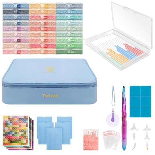 Image of twivah 27 Pcs Diamond Art Storage with Bag, 2-in-1 Diamond Art Trays Container with Lids, Diamond Painting Accessories with Color Stick, Diamond Art Kits for Adults & Kids Christmas, Birthday (Blue)