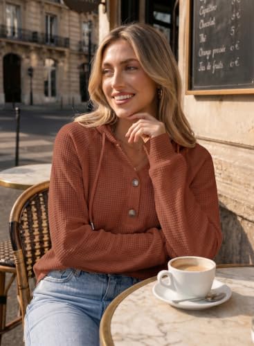 Image of Dokotoo Hoodies for Women Waffle Knit Button V Neck Casual Sweatshirt Tops