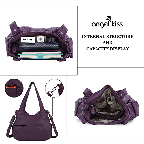 Image of Angel Kiss Women's Designer Handbag Large Double Zipper Multi Pocket Washed Leather Purse