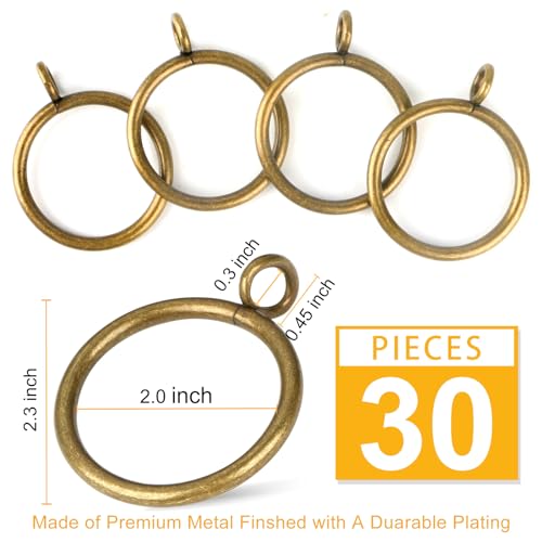 Antique Brass Curtain Rings with Eyelets for Up to 1.75-Inch Curtain Rods (Set of 30 PCS Curtain Rings) (2 inch Inner Diameter)