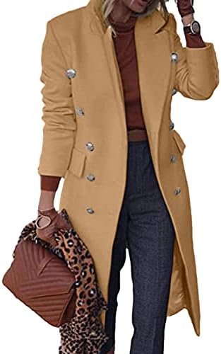 MOKINGTOP Womens Winter Coat,Women's Faux Wool Coat Notched Lapel Open Double Breasted Button Trench Jacket Slim Long Pea Coat Warm Overcoat Outwear