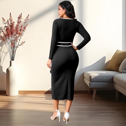 Image of Women's Elegant Church Vintage Bodycon Dress Casual Long Sleeve Work Business Pencil Split Sheath Midi Dresses