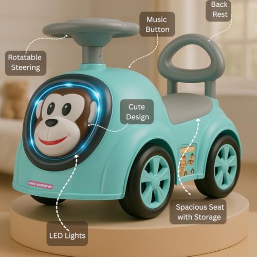 Image of MiniExplorer Monkey Ride-On Toy Car for Kids | Push Ride Car with Music, Horn, Backrest, Safety Guard, Under Seat Storage & Big Wheels | Baby Ride-On for 1-3 Years Boys & Girls - Blue