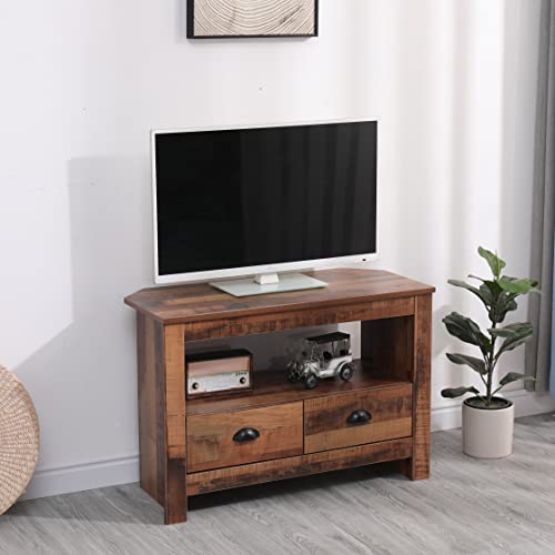 ALPHA Wooden Corner TV Unit for Small Space TV Stand Cabient with 2 Drawers and Shelf TV Storage Entertainment Multimedia Centres for Living Room, W85xD39xH58cm - Image 2