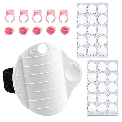 MISMXC Eyelash Extension Hand Plate & Eyelash Glue Rings & Eyelash Glue Stickers Set for Lash Extensions Supplies—1 Lash Hand Holder+10 Pcs Lash Glue Rings+30 Pcs Lash Glue Holder Pallet Sticker