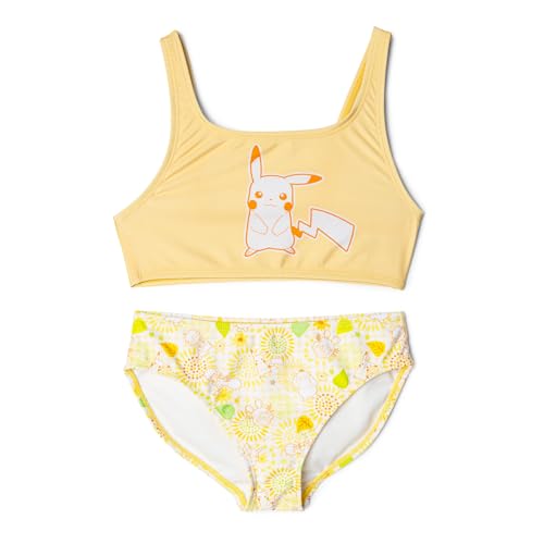 Pokemon Little Girls Sleeveless Cropped Printed Bikini Bathing Suit Pikachu Psyduck Yellow 7-8