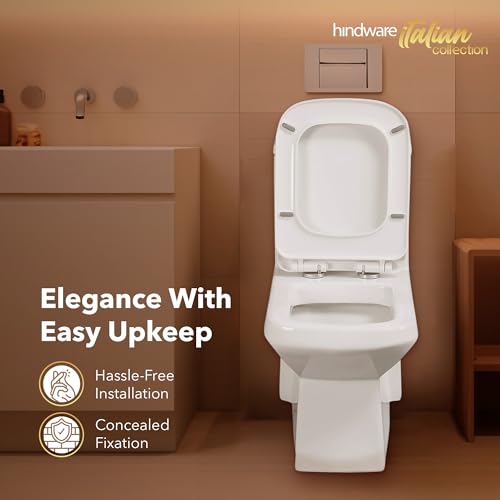 Image of Hindware Italian Collection Enigma One Piece Floor Mount Western Commode for Bathroom | Made of Ceramic | S-220 Trap | Soft Close | Star White | Geometric Shape | Floor Mount Ewc | 10-Year Warranty