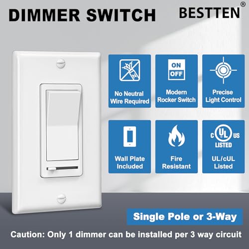 Image of BESTTEN 20 Pack Dimmer Light Switch, Compatible with LED Dimmable Lamp, CFL, Incandescent, Halogen Bulb, Single Pole or 3 Way LED Slide Dimmer Switch, Decorator Wall Plate Included, UL Listed, White