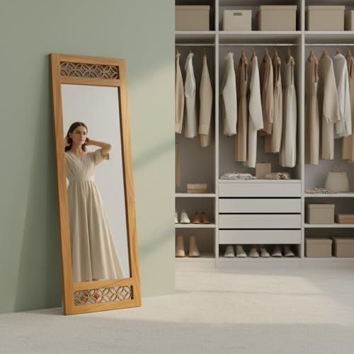 Image of APRODZ Floor Mirror Full Length with Solid Sheesham Wood Frame | Rectangular Standing Mirror for Bedroom Living Room Hallway and Dressing Area | Full Length Dressing Mirror, Natural Wooden