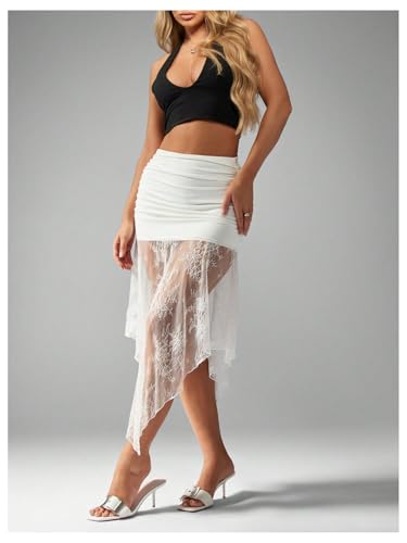 Verdusa Women's Sheer Floral Lace Ruffle Skirt Asymmetrical Flowy Ruched Bodycon Midi Skirts4