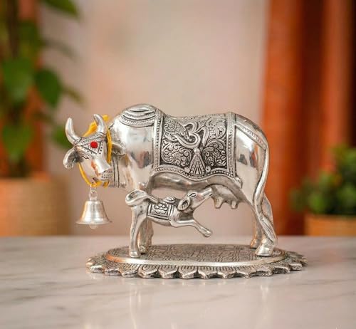Image of KridayKraft Metal Om Kamdhenu Cow and Calf Metal Statue for Good Luck,Feng Shui As Table Top Figurine,Vastu,Religious Gau MATA Idol Home,Office&Table Decorative,Animal