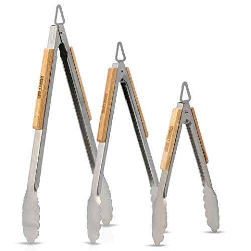 GRILLHOGS Barbecue Grill Tongs, 9, 12, and 16 Inch 3 Pack, Best Metal