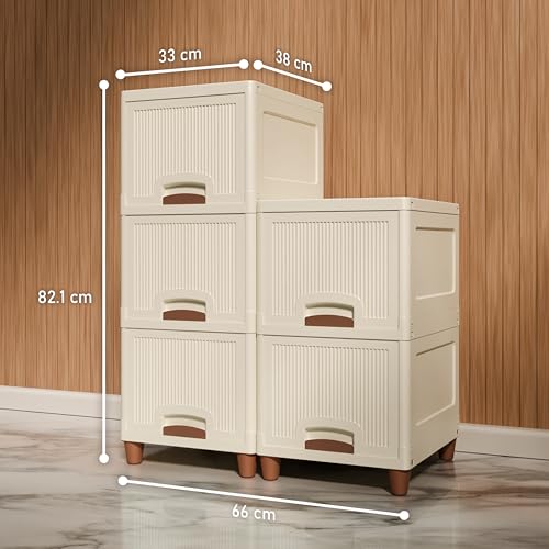 Image of Amazon Basics Multi-Purpose Organizer | Modular Storage Box for Clothes, Kitchen, Bedroom & Living Room | Stackable Rack, Space-Saving Wardrobe Cabinet (Off White), 5 Piece, Plastic