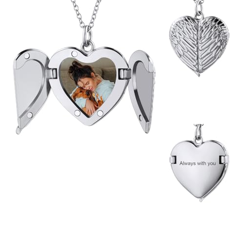 MunkiMix Collar con Medallón de Corazón de Plata Personalizado con Alas de Ángel, Collar con Medallón de Fotos para Mujer Joyería Conmemorativa Regalos para Cumpleaños Día de la Madre (Estilo C1)