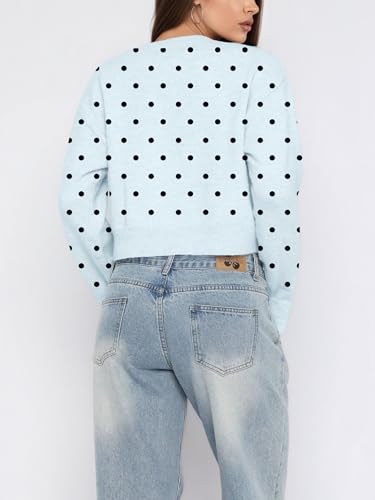 Women Y2k Polka Dot Button Up Open Front Crop Cardigan Sweater Long Sleeve Crewneck Knit Tops Cute Fall Outfits4