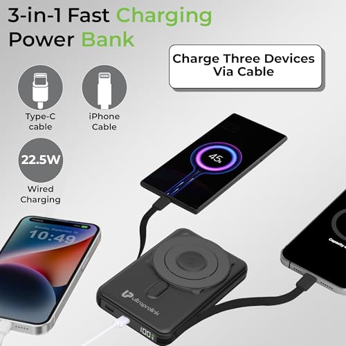 Image of UltraProlink 10000mAh 3 in 1 Wireless Magnetic Mag-Safe Power Bank| Mag-Safe Charging for iPhone Series 16,15,14,13 | UM1126 | Dual Cables Type C & iPhone | 22.5W Type C Port with PD-PPS Support