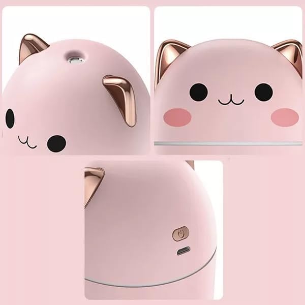 Humidificador Portátil Mini Forma Gato - Difusor de Aceites esenciales para oficina, hogar o escritorio - Alimentación USB, Silencioso y LED suave - 250ml - Rosa