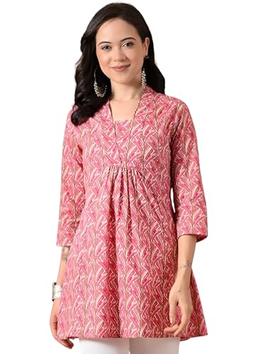 Image of Amazon Brand - Tavasya Women Ethnic Printed V-Neck Cotton Short A-line Kurta | Stylish Casual Everyday Office Top | 3 /4th Sleeve | Regular Fit