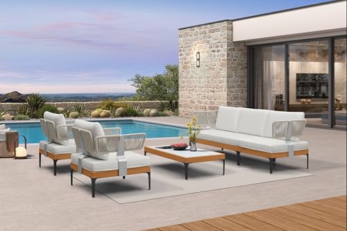 Image of PURPLE LEAF Patio Furniture Set Outdoor Conversation Sets with Fade-Resistant Cushions and Pillows 6 Pieces Aluminum Modern Wicker Sofa Chairs Plus Coffee Table for Balcony Yard Garden, White