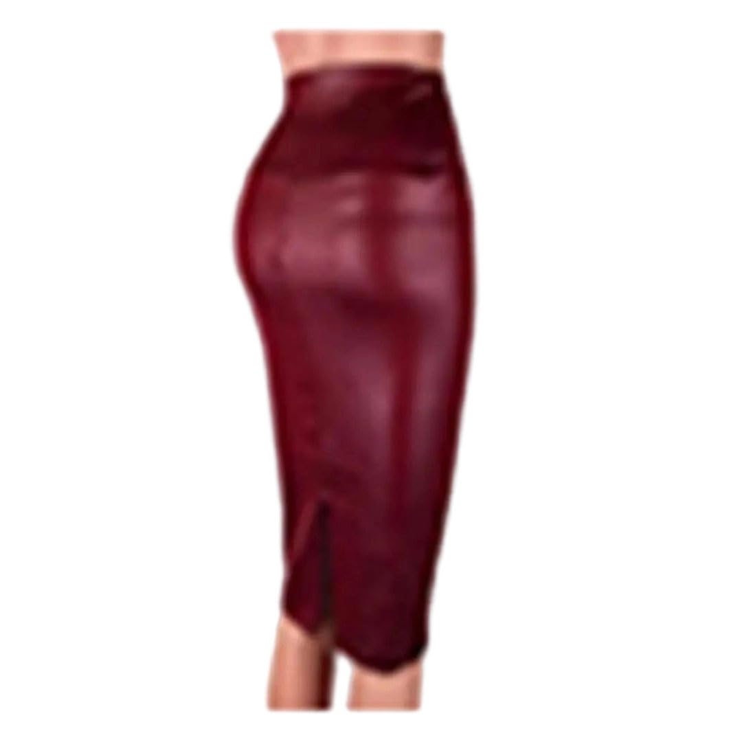 Women High Waist Bodycon Skirt Split Leather Knee Length Pencil Skirt Wine Red