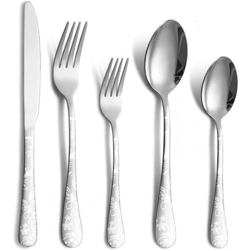 Image of aDai Sterling Silver Silverware Set | Satin Finish 5-Piece Flatware Set with Unique Floral Printed Handle | Dishwasher Safe Stainless Steel Cutlery for Home, Restaurant & Gifting
