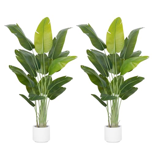 Artificial Bird of Paradise Plant 6.5Ft Tall Fake Tropical Palm Tree Large Fake Plants with 15 Silk Banana Leaves Faux Plant Indoor Decor Trees White Pot for Home Bedroom Living Room Office 2pcs