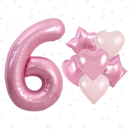 Image of TONIFUL 6th Birthday Balloons Kit 40 Inch Pink Large Number 6 Foil Balloon | with 18 Inch Helium Foil Star Shaped Balloons for Girls Women Birthday Anniversary Graduation New Year Eve Party Decoration