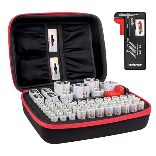 Tenergy Battery Organizer Storage Case with Battery Tester, Holds 60 Batteries AA AAA C D 9V...