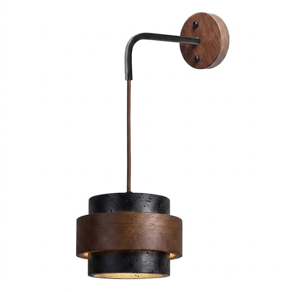 Cosrub Black Japanese Travertine Wall Sconce, Cylindrical Stone Wall Lamps With Wood Ring Minimalist Wall Lights With Ambient Side Lighting For Living Room Bedside(Black)