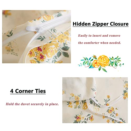 Image of VM VOUGEMARKET Botanical Duvet Cover Set Twin,Cottagecore Yellow Flowers Duvet Cover with 2 Pillowcases,100% Cotton Bedding Set,Chic Garden Floral Comforter Cover for Girls 68x86